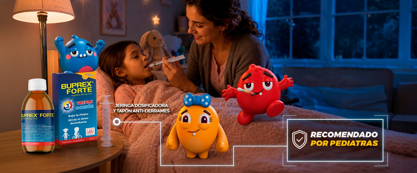 Niño tomando BUPREX® pediátrico con los Malestars: jeringa dosificadora y tapón antiderrames, recomendado por pediatras