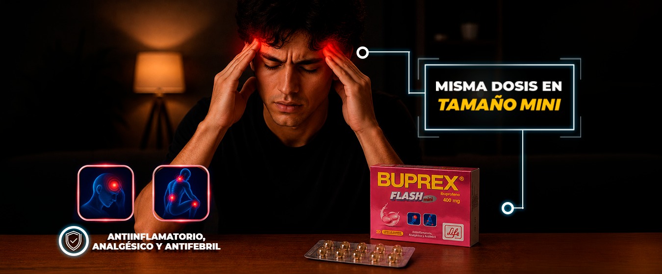 Hombre con zonas de dolor señaladas junto a BUPREX® Flash Mini: misma dosis en tamaño mini